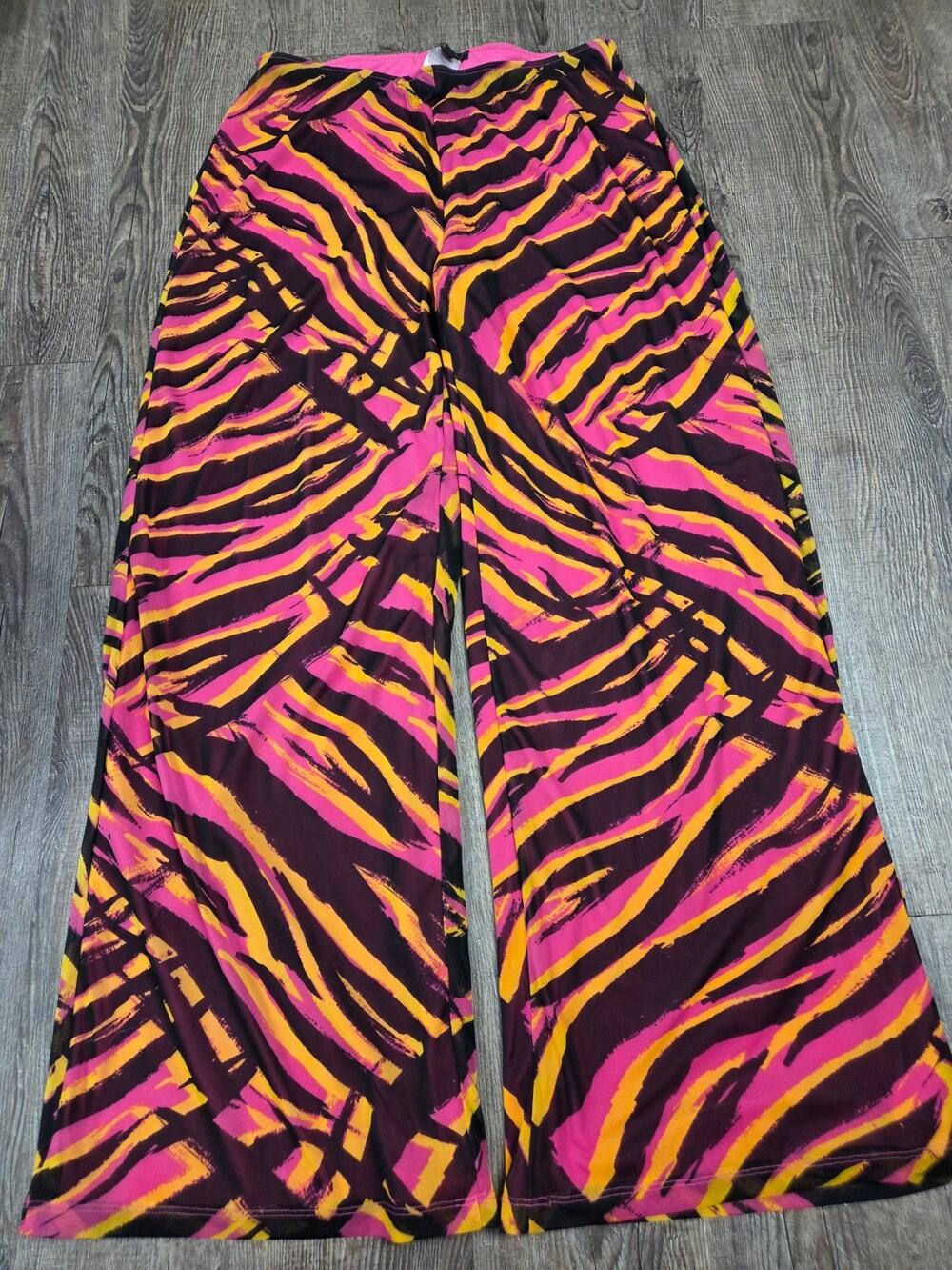 IMAN Hot Pink Black Zebra Stripe Sheer Lined Wide leg Pants Size XL